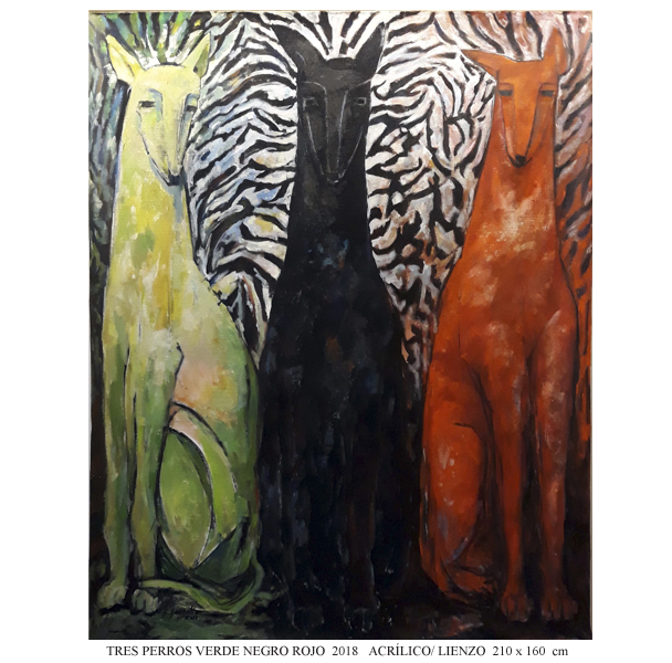 TRES PERROS VERDE NEGRO ROJO  2018   ACRÃLICO/ LIENZO  210 x 160  cm